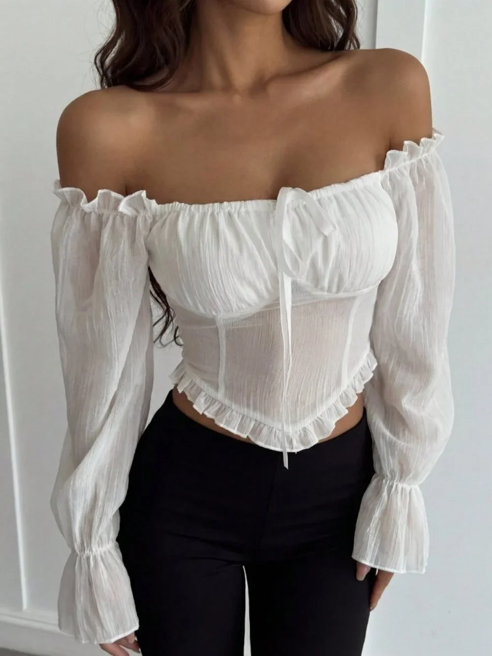 White Casual Women's Lace Slim Fit Blouse with Tie detail Long Sleeve Shirt top_10